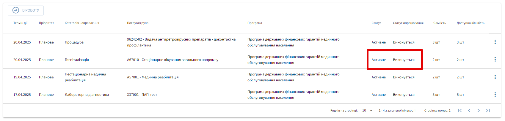 Статус після взяття в роботу